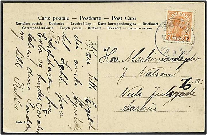 7 øre orange Chr. X på postkort fra Skanderborg d. 17.3.1919 til Aarhus. Skanderborg / JB.P.E. IIIb brotypestempel.