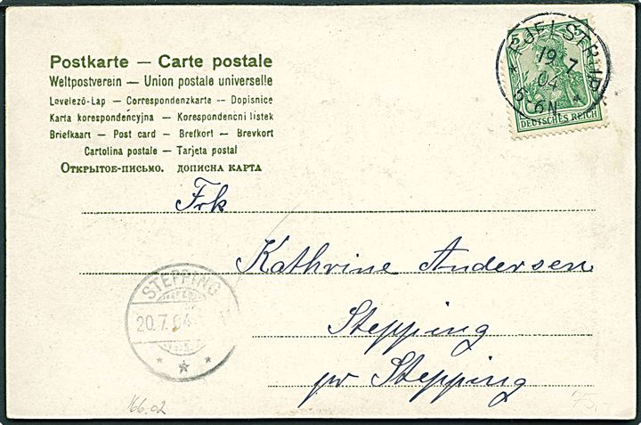 5 pfg. Germania på brevkort stemplet Fjelstrup d. 19.7.1904 til Stepping. Ank.stemplet Stepping *** d. 20.7.1904. (Daka 166.02).