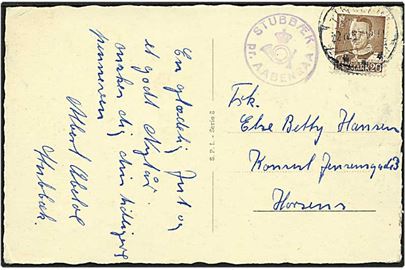 20 øre brun Fr. IX på postkort fra Stubbæk d. 22.12.1952 til Horsens. Stubbæk / pr. Aabenraa posthornsstempel.