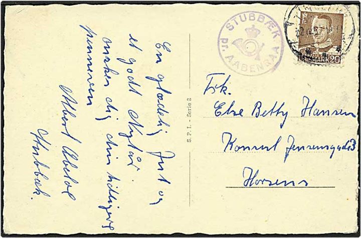 20 øre brun Fr. IX på postkort fra Stubbæk d. 22.12.1952 til Horsens. Stubbæk / pr. Aabenraa posthornsstempel.