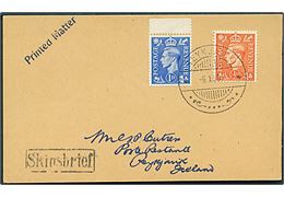 Engelsk ½d og 1d George VI på filatelistisk tryksag stemplet Reykjavik d. 6.12.1951 og sidestemplet Skipsbrjef til poste restante i Reykjavik.
