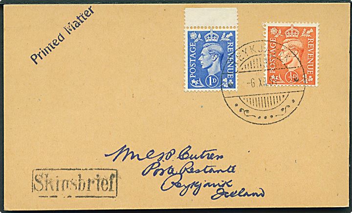Engelsk ½d og 1d George VI på filatelistisk tryksag stemplet Reykjavik d. 6.12.1951 og sidestemplet Skipsbrjef til poste restante i Reykjavik.