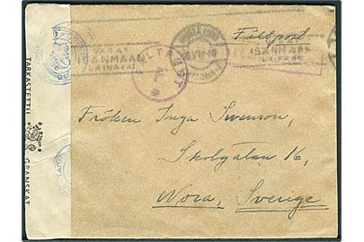 Ufrankeret feltpostbrev med svagt feltpoststempel d. 29.5.1942 til Nora, Sverige. Fra soldat ved KpK2/7981. Violet stempel Fältpost F. og åbnet af finsk censur.