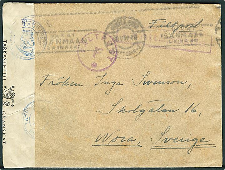 Ufrankeret feltpostbrev med svagt feltpoststempel d. 29.5.1942 til Nora, Sverige. Fra soldat ved KpK2/7981. Violet stempel Fältpost F. og åbnet af finsk censur.