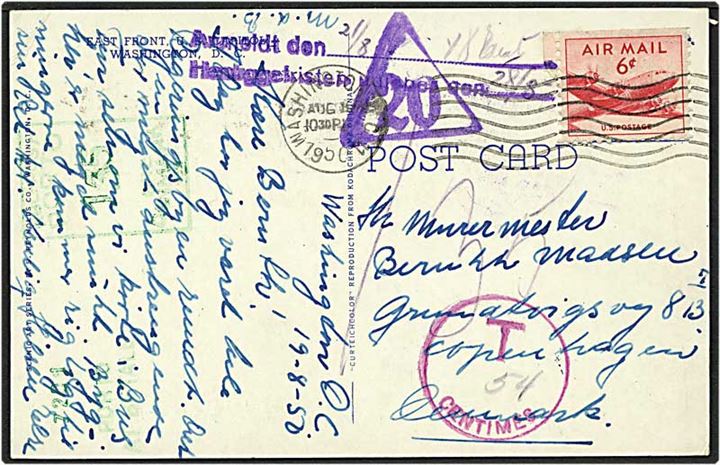6 cent rød luftpost på postkort fra Washington, USA, d. 19.8.1950 til København. Kortet sat i porto med 135 øre.