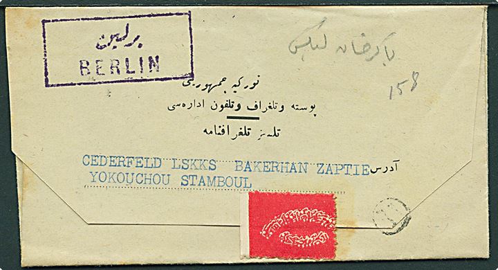 Tyrkisk telegramformular til Stamboul med rammestempel Berlin.