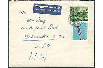 15 c. Svømning og 1 fr. Natur på luftpostbrev fra Vaduz d. 4.8.1958 via Buchs i Schweiz til Milwaukee, USA.