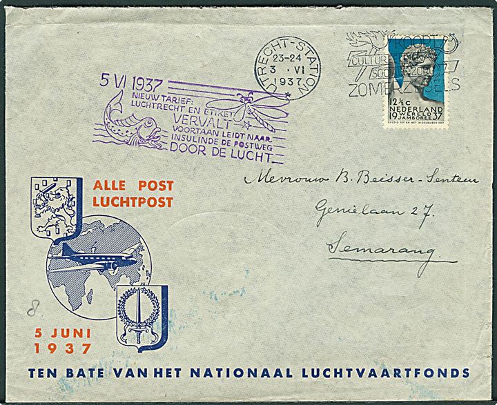 12½ c. Verdens Jamboree udg. på illustreret luftpostbrev fra Utrecht d. 3.6.1937 til Samarang, Hollandsk Ostindien.