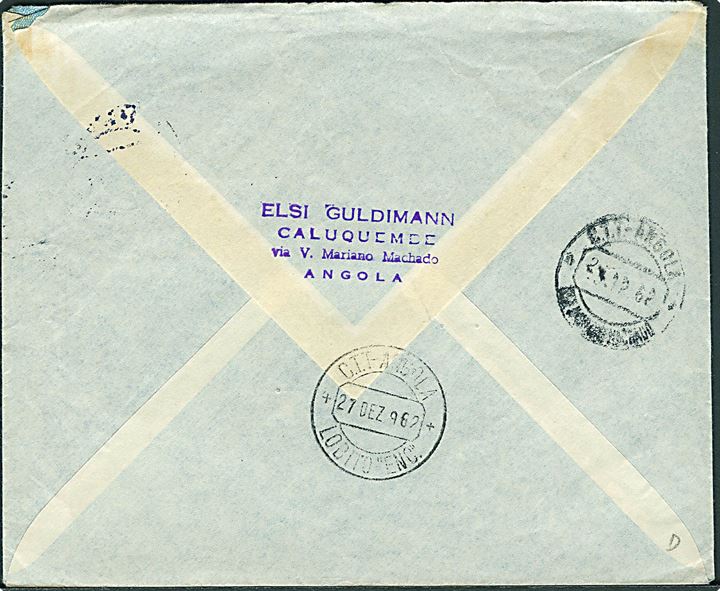 4$50 på blandingsfrankeret luftpostbrev fra Caluquembe d. 22.12.1962 til Uhwiesen, Schweiz.
