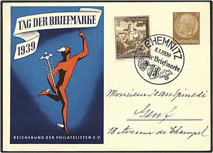 3 pfennig brun Hindenburg enkeltbrevkort opfrankeret med 3 pfennig brun fra Chemnitz, Tyskland, d. 8.1.1939 til Genf, Schweiz.