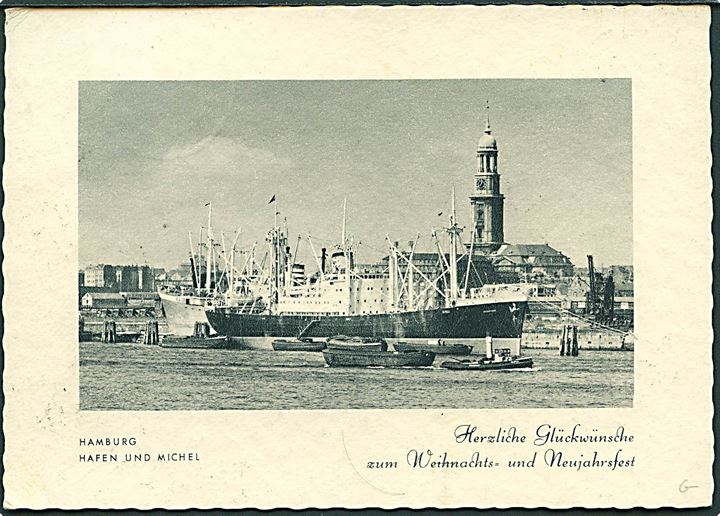 70 pfg. Heuss og 10 c. Hapag (nytryk) på anbefalet brevkort fra Hamburg d. 23.12.1955 til Sønderborg, Danmark.