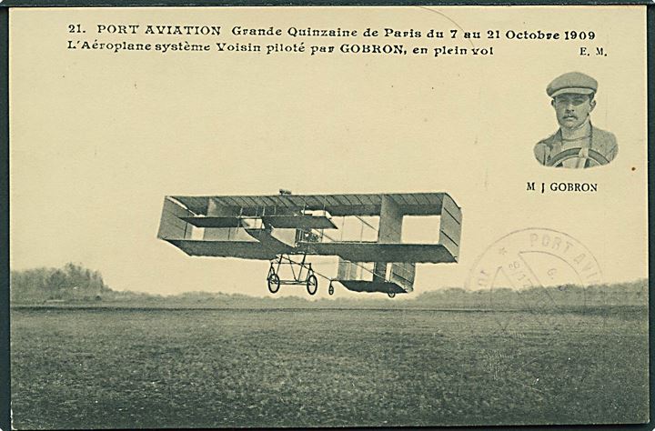 Voisin biplan med pilot M.J.Gobron på Paris flyveplads 1909. E. Maicuit no. 21.