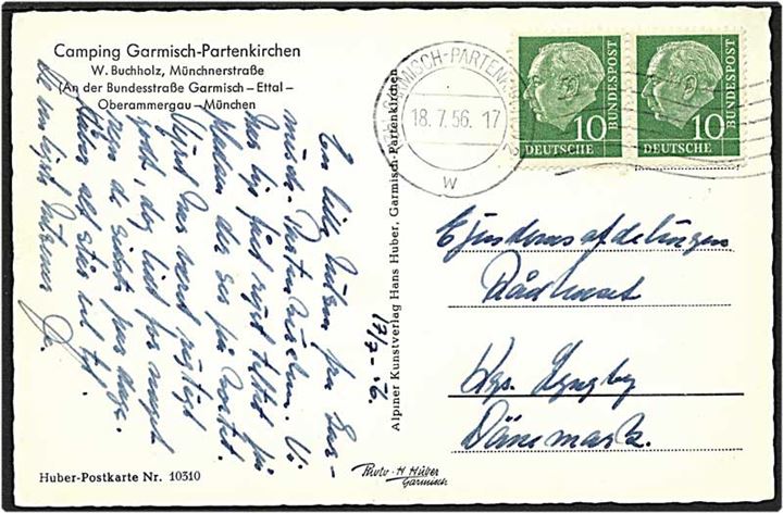 10 pfennig grøn i par, på postkort fra Garmisch-Partenkirchen d. 18.7.1956 til Lyngby.