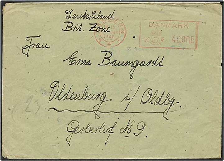 Francostemplet flygtninge lejer brev fra Oksbøl d. 13.1.1948 til Oldenburg, Tyskland.