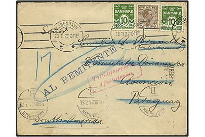 10 øre grøn bølgelinie og 20 øre brun Chr. X på brev fra København d. 23.11.1922 til Asuncion, Paraguay. Brevet er returneret.