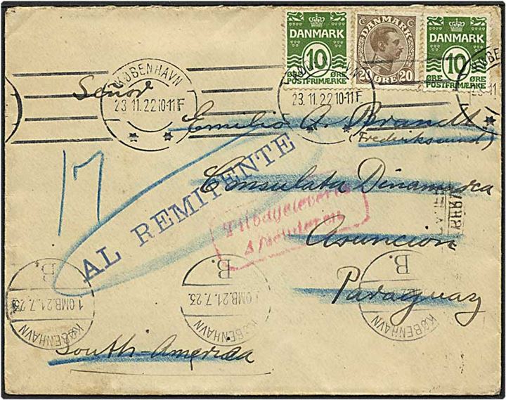 10 øre grøn bølgelinie og 20 øre brun Chr. X på brev fra København d. 23.11.1922 til Asuncion, Paraguay. Brevet er returneret.