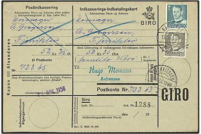 40 øre grå og 50 øre blågrøn Fr. IX på indbetalingskort fra Aabenraa d. 18.4.1956 til Fjerritslev.