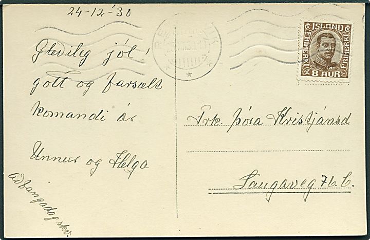 8 aur Chr. X på lokalt brevkort i Reykjavik d. 25.12.1930.