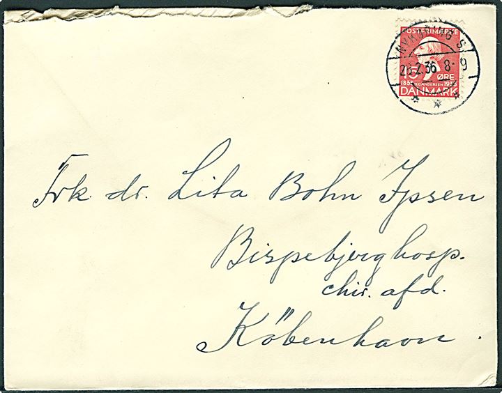 15 øre H.C.Andersen på brev annulleret med brotype IIc Nykøbing S. d. 28.2.1936 til København. Flosset. 