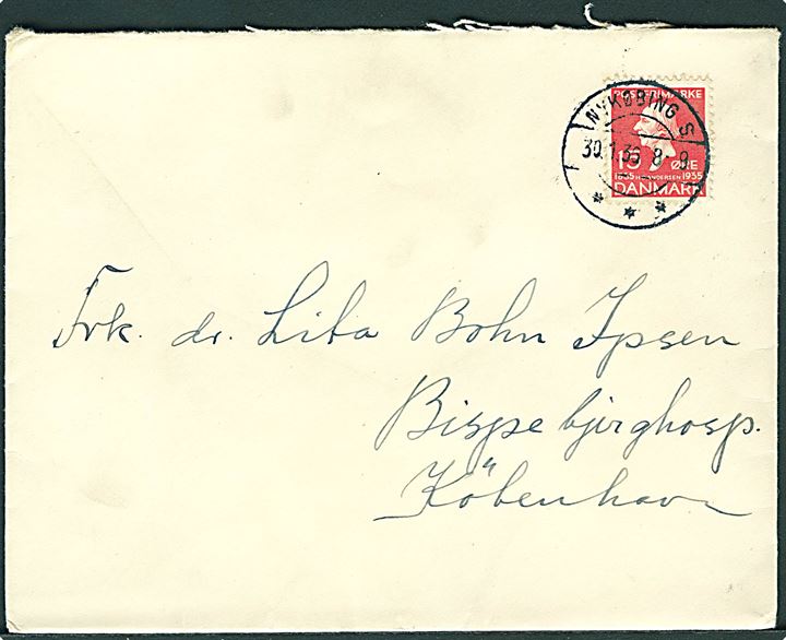 15 øre H.C.Andersen på brev annulleret med brotype IIc Nykøbing S. d. 30.1.1936 til København