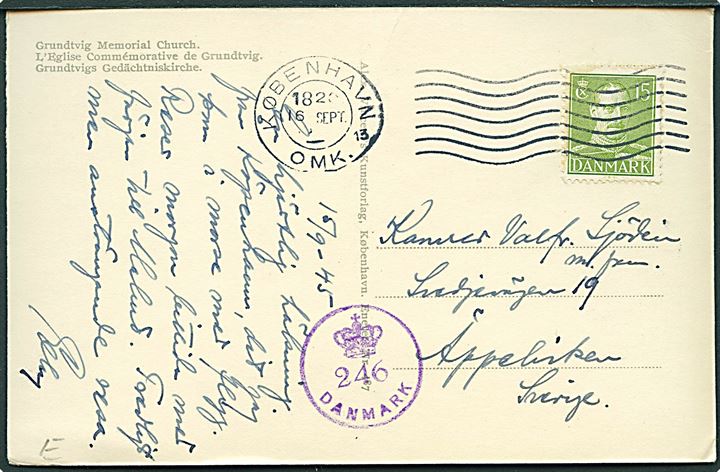 15 øre Chr. X på brevkort fra København d. 16.9.1945 til Äppelviken, Sverige. Dansk efterkrigscensur (krone)/246/Danmark.