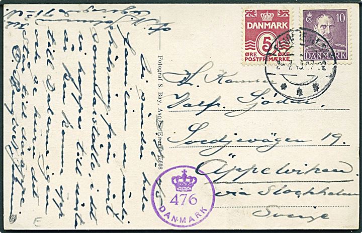 5 øre Bølgelinie og 10 øre Chr. X på brevkort fra Faarevejle d. 2.7.1945 til Äppelviken, Sverige. Dansk efterkrigscensur (krone)/476/Danmark.