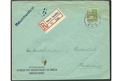 40 øre grøn karavel singelfrankatur på Rec. brev fra Nørre Sundby d. 7.8.1936 til Hadsund.