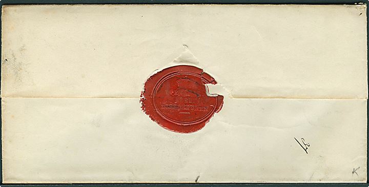 1852. Ufrankeret tjenestebrev mærket K.T. med antiqua Kjøbenhavn d. 6.3.1852 til Opsynsmand Bencke paa Sprogø. På bagsiden laksegl fra General Post Directeuren.
