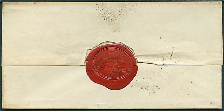 1851. Ufrankeret tjenestebrev mærket K.T. med antiqua Kjøbenhavn d. 17.11.1851 til Opsynsmand Bencke paa Sprogøe. På bagsiden laksegl fra General Post Directeuren. 
