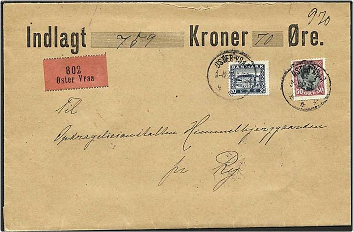 20 øre blå Sønderborg Slot og 50 øre vinrød/sort Chr. X på værdibrev fra Øster-Vraa d. 3.12.1921 til Ry.