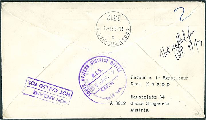 16 sh. blandingsfrankeret anbefalet brev annulleret UNFICYP AUSCON d. 19.11.1976 til London, England. Retur som ej. afhentet.