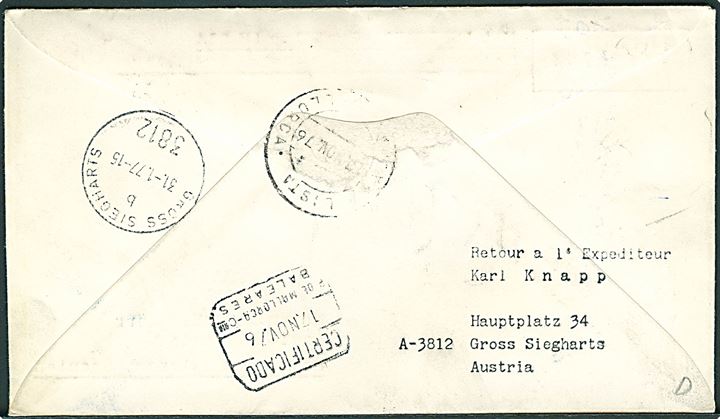 16 sh. blandingsfrankeret anbefalet brev annulleret UNFICYP AUSCON d. 15.11.1976 til Palma de Mallorca, Spanien. Retur som ej afhentet.