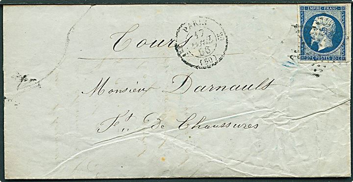 20 c. Napoleon III utakket på brev fra Paris d. 17.4.1856 til Tours.