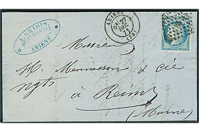 25 c. Ceres på brev annulleret med nr.stempel 85 og sidestemplet Amiens d. 27.12.1871 til Reims.