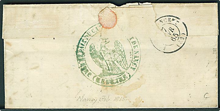 1865. Ufrankeret brev fra Nancy d. 16.2.1865 med stort portostempel 30.På bagsiden officielt afs.stempel fra Nancy.