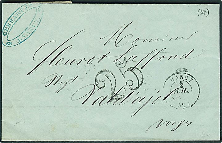Ufrankeret brev fra Nancy d. 2.7.1853 med stort portostempel 25.