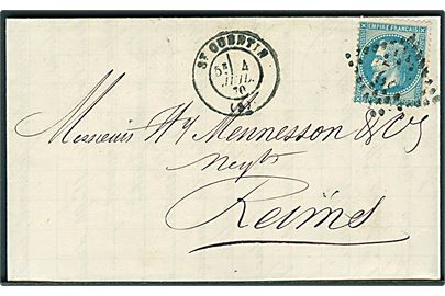 20 c. Napoleon III på brev annulleret med svagt nr. stempel og sidestemplet St. Quentin d. 4.7.1870 til Reims.