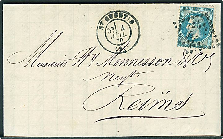 20 c. Napoleon III på brev annulleret med svagt nr. stempel og sidestemplet St. Quentin d. 4.7.1870 til Reims.