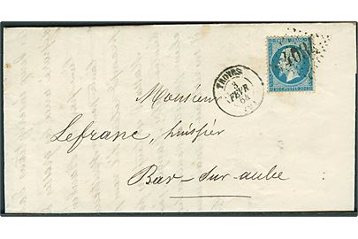 20 c. Napoleon III på brev annulleret med nr.stempel 4034 og sidestemplet Troyes d. 3.2.1864 til Bar-sur-Aube.