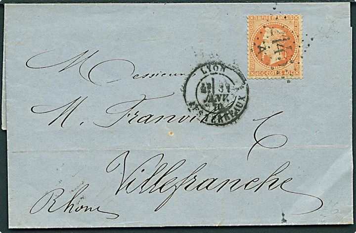 40 c. Napoleon III på brev annulleret med nr.stempel 2145A og sidestemplet Lyon d. 31.1.1870 til Villefranche.