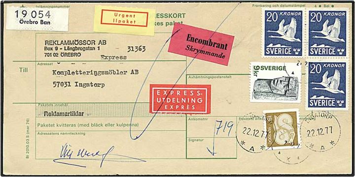 69,15 kr. porto på expres adressekort fra Örebro, Sverige, d. 22.12.1977 til Ingatorp.