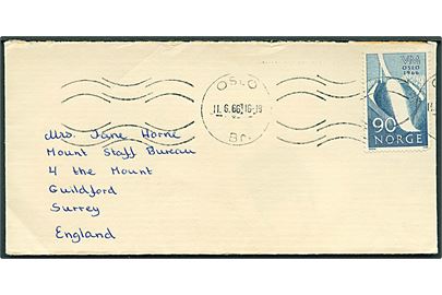 90 øre VM Oslo single på brev fra Oslo d. 11.6.1966 til Guildford, England. Svagt hjørne.