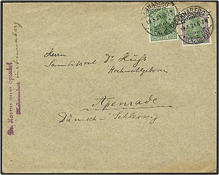 1,20 mark på brev fra Hamburg, Tyskland, d. 19.5.1921 til Aabenraa.