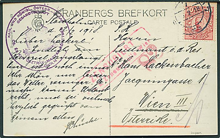 10 öre Gustaf på brevkort fra Stockholm 12.2.1918 til Wien, Østrig. Stort afs.-stempel fra Kais. Und Königl. Österr.-Ungar. Gesandtschaft i Stockholm. Østrigsk censur fra Wien.