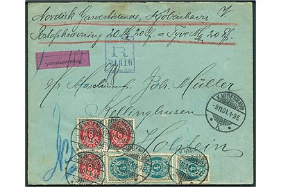 4 øre (3) og 8 øre (3) Tofarvet omv. rm. på 36 øre frankeret anbefalet brev med postopkrævning fra Kjøbenhavn d. 9.11.1901 til Kellinghusen, Holstein, Tyskland.