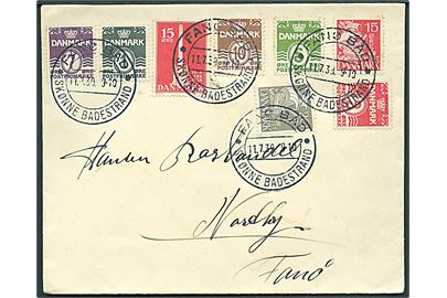Blandingsfrankeret lokalbrev annulleret med særstempel Fanø Bad * Skønne Badestrande * d. 11.7.1938 til Nordby, Fanø.