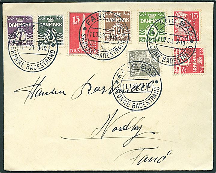 Blandingsfrankeret lokalbrev annulleret med særstempel Fanø Bad * Skønne Badestrande * d. 11.7.1938 til Nordby, Fanø.