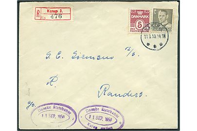 5 øre Bølgelinie og 50 øre Fr. IX på anbefalet brev fra Karup J. d. 11.9.1950 til Randers. Privat ovalt jernbanestempel: Danske Statsbaner * Karup station * d. 11.9.1950.