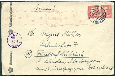 20 øre Chr. X (2) på brev fra Graasten d. 8.10.1946 til Fürstenfeldbrück, Tyskland. Åbnet af dansk efterkrigscensur (krone)/674/Danmark og passér stemplet ved den amerikanske censur i München.