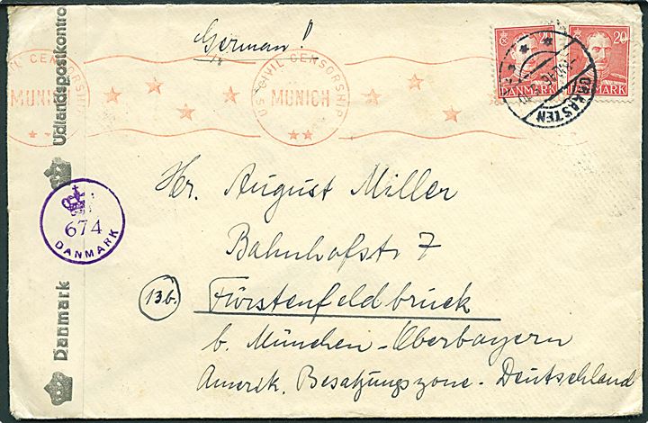 20 øre Chr. X (2) på brev fra Graasten d. 8.10.1946 til Fürstenfeldbrück, Tyskland. Åbnet af dansk efterkrigscensur (krone)/674/Danmark og passér stemplet ved den amerikanske censur i München.